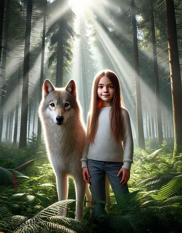 Ilustracja do bajki o dziewczynce i wilku, przedstawiająca ich przyjaźń w lesie