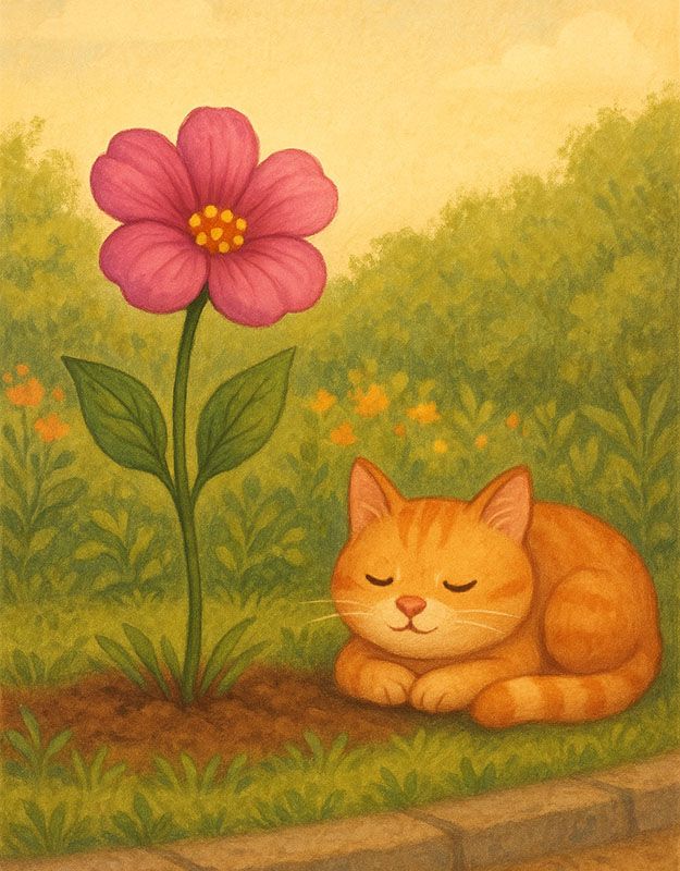 Kot śpiący obok kwiatka w ogrodzie, ilustracja do bajki z przesłaniem