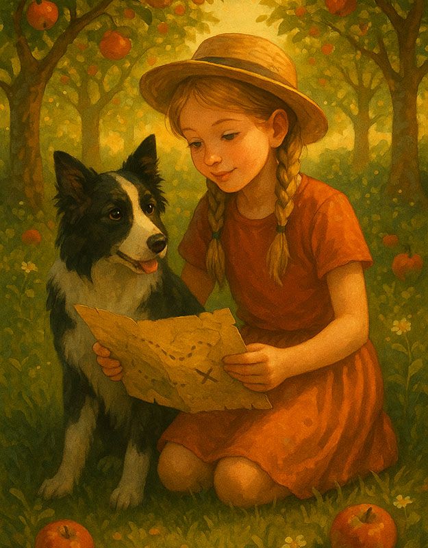 Bajkowa scena z Emilką i collie wśród jabłoni