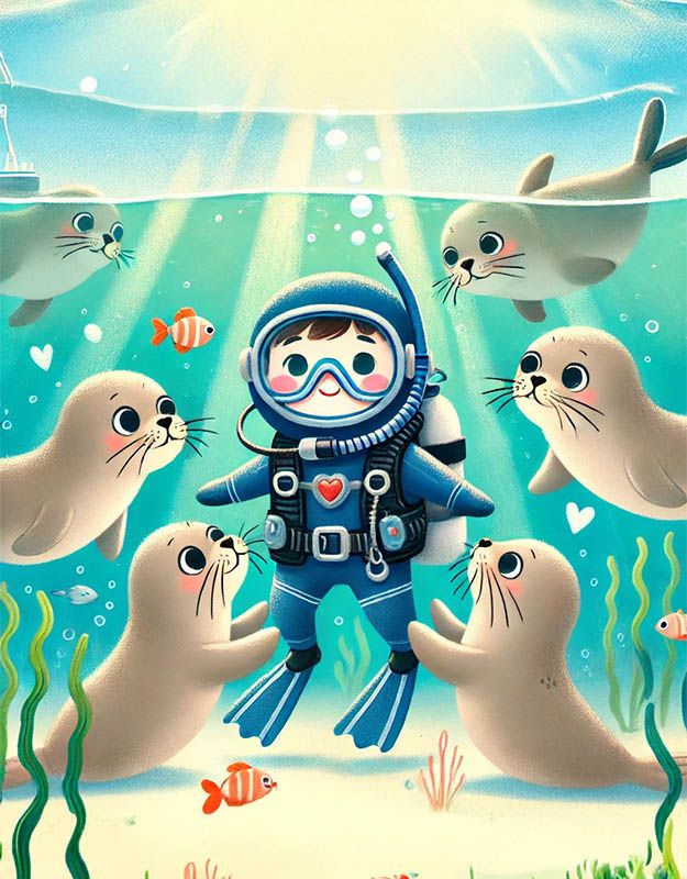 Ilustracja bajkowa z nurkiem i czterema fokami
