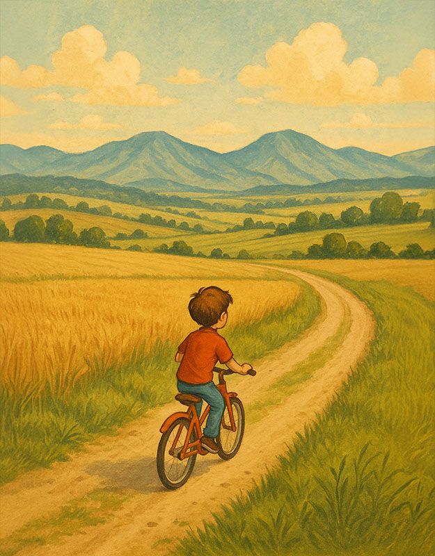 Chłopiec na rowerze z psem przed Bramą Morawską – bajkowa ilustracja do opowiadania.