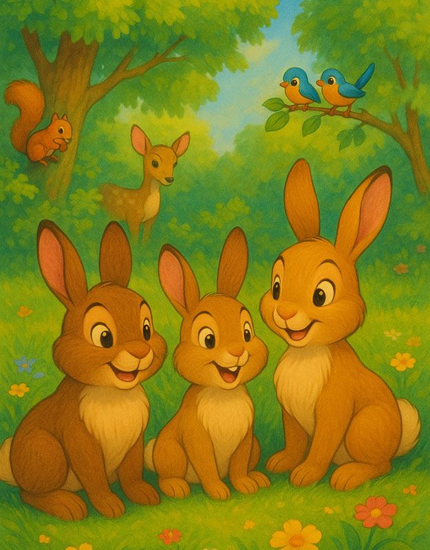 Trzy zajączki w bajkowej leśnej scenerii podczas wesołej przygody – ilustracja do bajki dla dzieci.